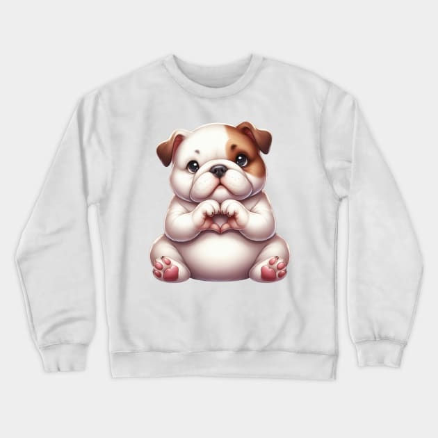 Valentine Bulldog Giving Heart Hand Sign Crewneck Sweatshirt by Chromatic Fusion Studio